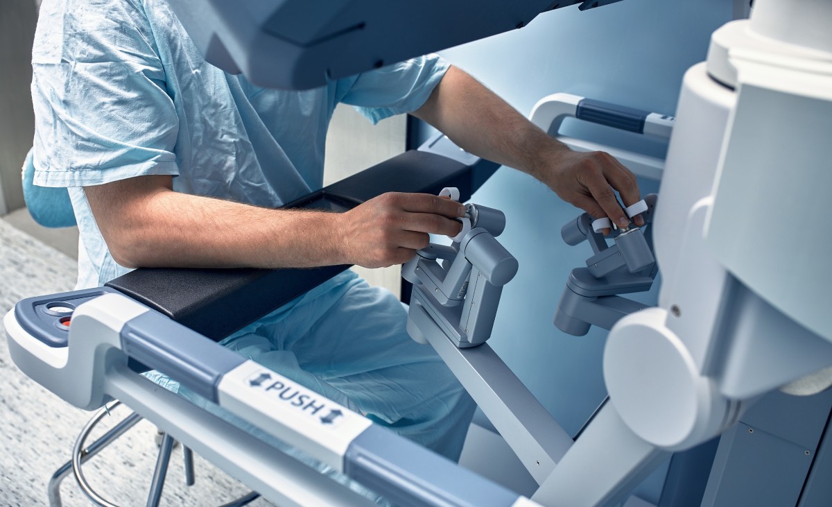 hands of a surgeon at a computer robot, medical robot, robotic Surgery