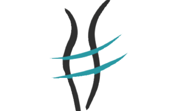 Abstract black and teal line drawing resembling a human figure, with two curved teal lines crossing the midsection, on a white circular background.