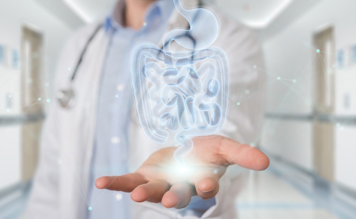 A doctor in a white coat holds out a hand with a digital hologram of a human digestive system floating above it, set in a hospital hallway.